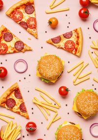 Flat Lay of Classic Fast Food with Burgers and Fries