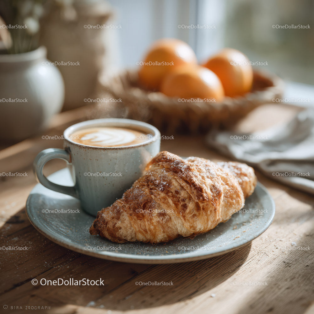 Rustic Breakfast with Croissants Coffee and Fresh Fruit