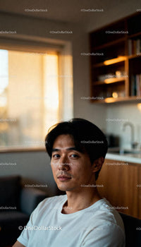 Young man in casual white t-shirt sitting in cozy living room