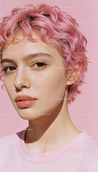 Young woman with short pink hair against pastel wall