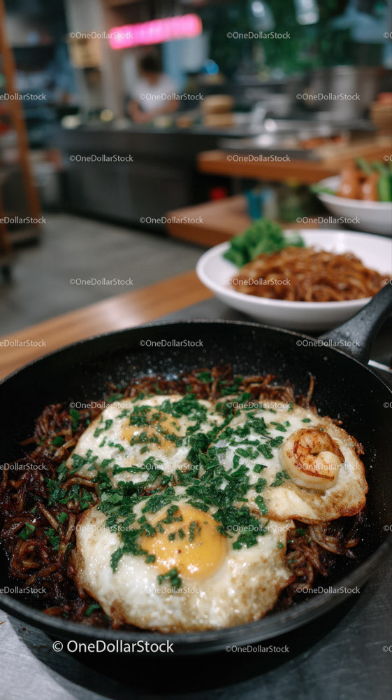 Fried Eggs on Stir-Fried Noodles with Green Onions in a Skillet