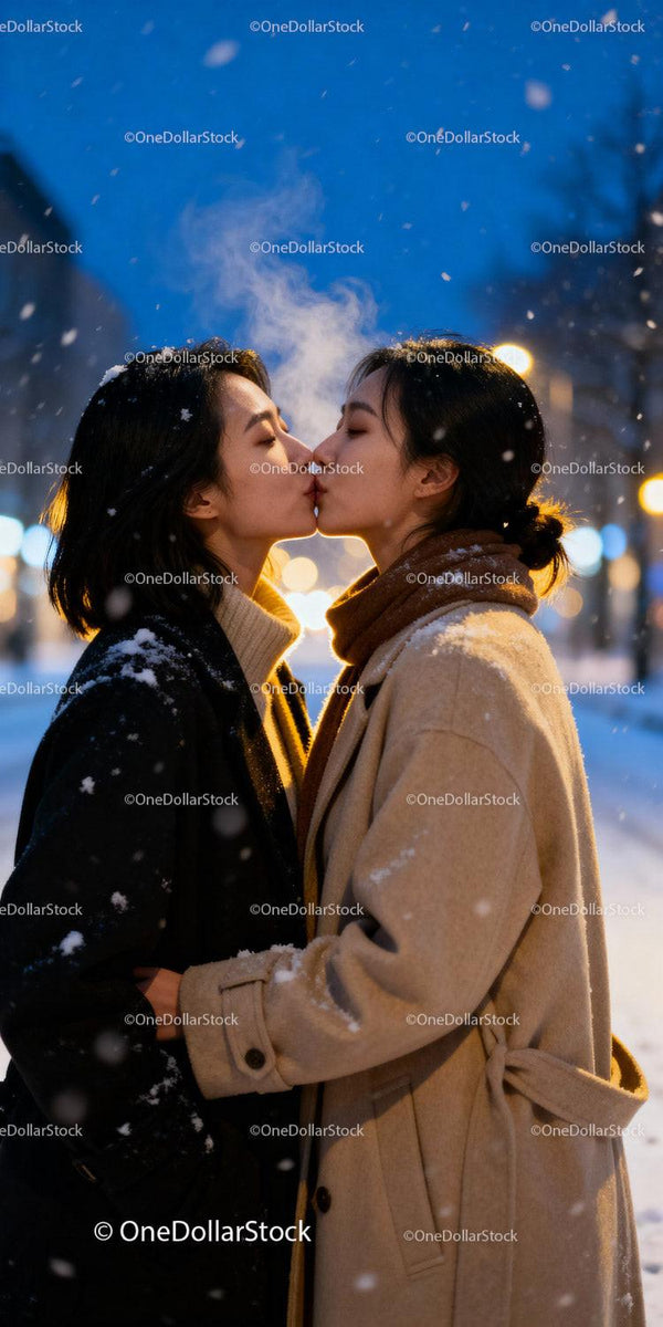 Couple sharing tender kiss in snowy winter evening