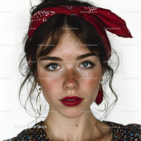 Portrait of a Young Woman with Freckles and Bright Blue Eyes