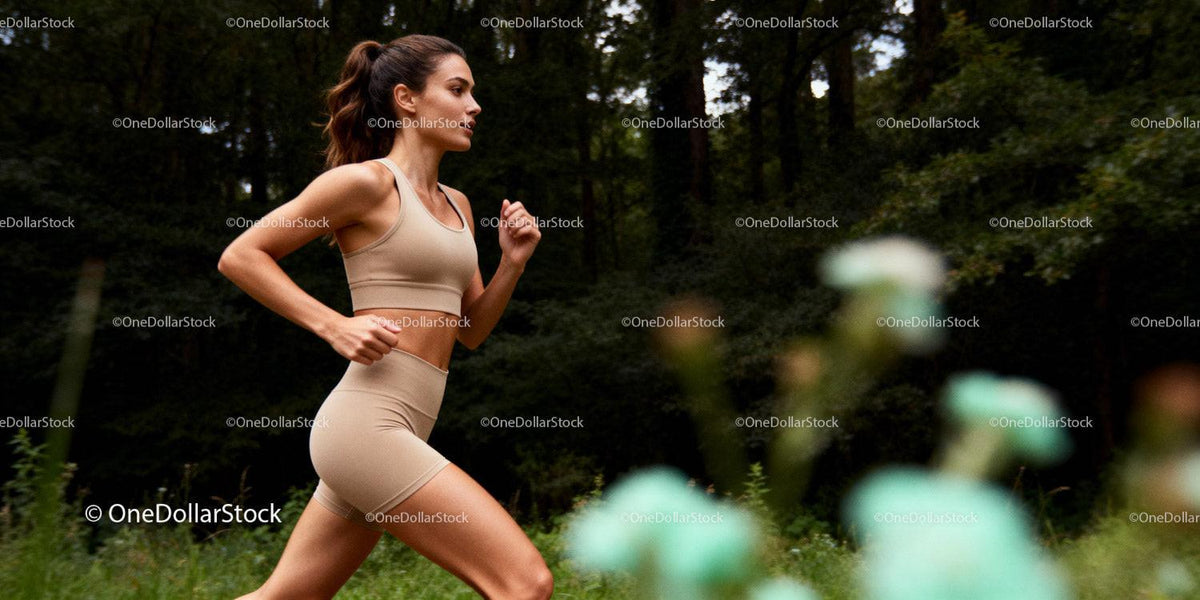 Fit woman running energetically in forest trail