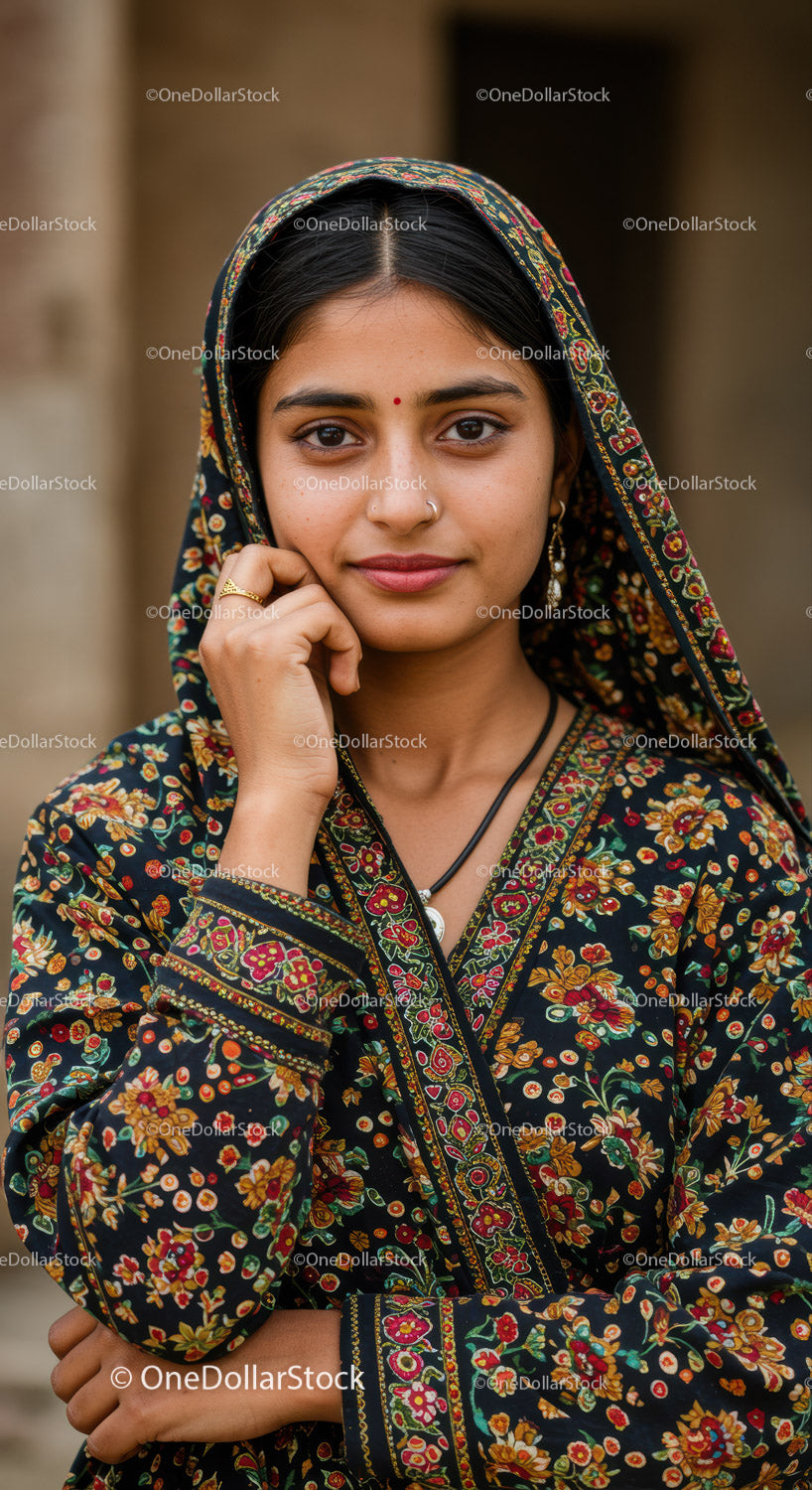 Elegant Indian Woman in Traditional Floral Embroidered Attire