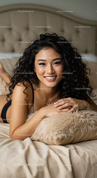 Smiling woman relaxing on bed with cozy pillow