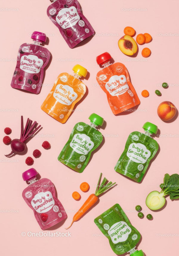 Colorful Smoothie Pouches with Fresh Fruits and Vegetables