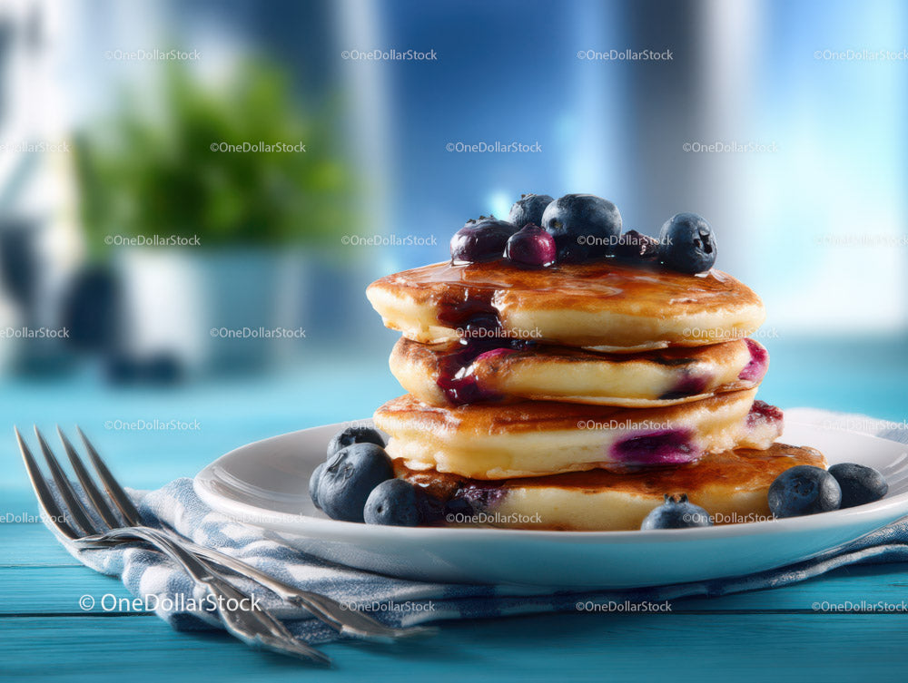 Stack of Blueberry Pancakes with Fresh Blueberries and Mint on a Plate