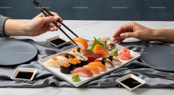 Elegancka Talerz Sushi z Świeżym Łososiem, Tuńczykiem i Różnorodnymi Roladkami