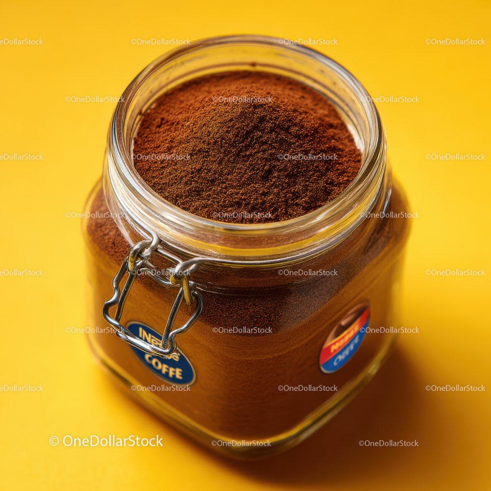 Ground Coffee in Glass Jar with Coffee Beans and Aromatic Powder