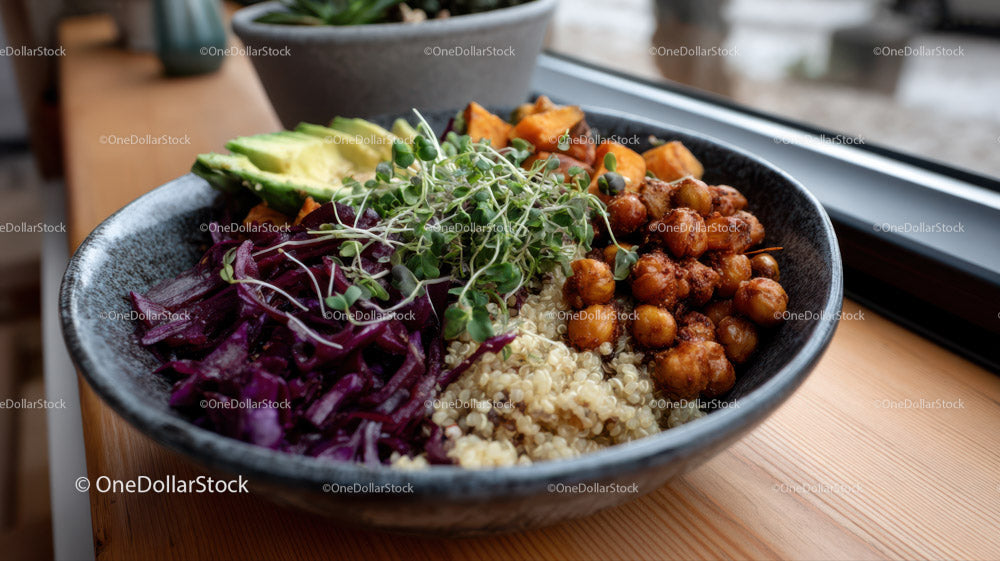 Healthy Vegetarian Quinoa Bowl with Chickpeas and Fresh Vegetables
