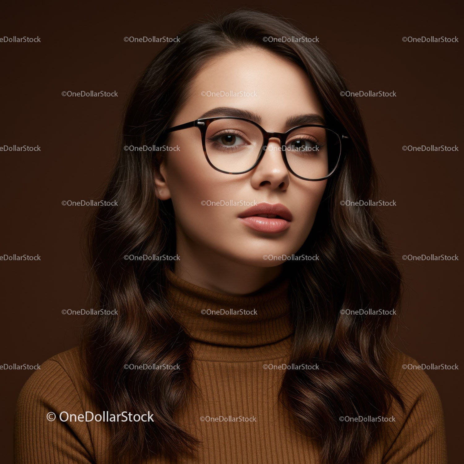 Professional Portrait of a Woman Wearing Stylish Glasses in Brown Background