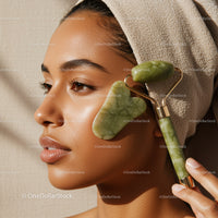 Close-Up of Woman Using Jade Roller for Facial Skincare Treatment