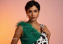 Vibrant Fashion Portrait of a Stylish Woman with Feathers and Colorful Dress