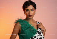 Vibrant Fashion Portrait of a Stylish Woman with Feathers and Colorful Dress