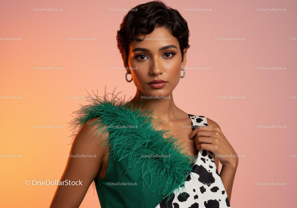 Vibrant Fashion Portrait of a Stylish Woman with Feathers and Colorful Dress