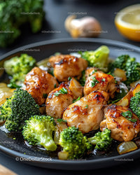 Grilled Chicken Breast with Fresh Broccoli Florets in a Black Dish