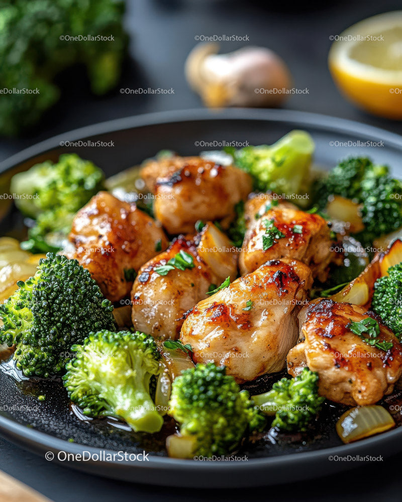 Grilled Chicken Breast with Fresh Broccoli Florets in a Black Dish