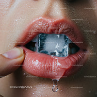 Close-Up of Glossy Lips with Ice Cube for Refreshing Hydration