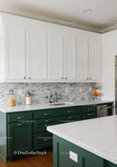 Modern Kitchen with White Cabinets Dark Green Lower Units and Marble Countertop