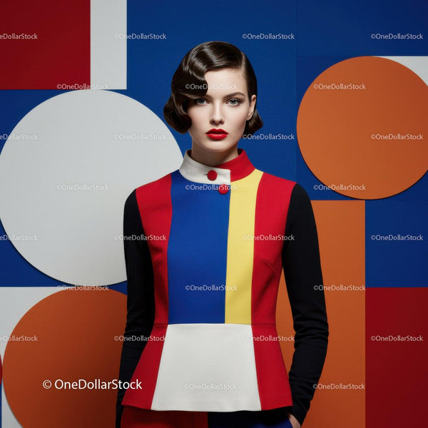 Fashion model in colorful geometric outfit with retro hairstyle