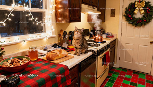 Cozy kitchen with cat and holiday decorations
