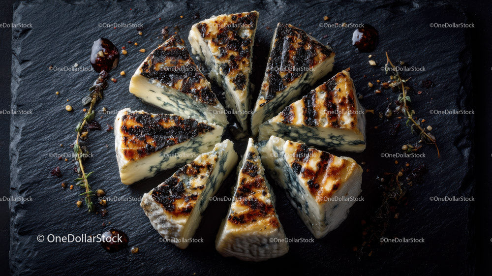 Artisan Blue Cheese Wheel on Dark Rustic Surface in Gourmet Food Setting