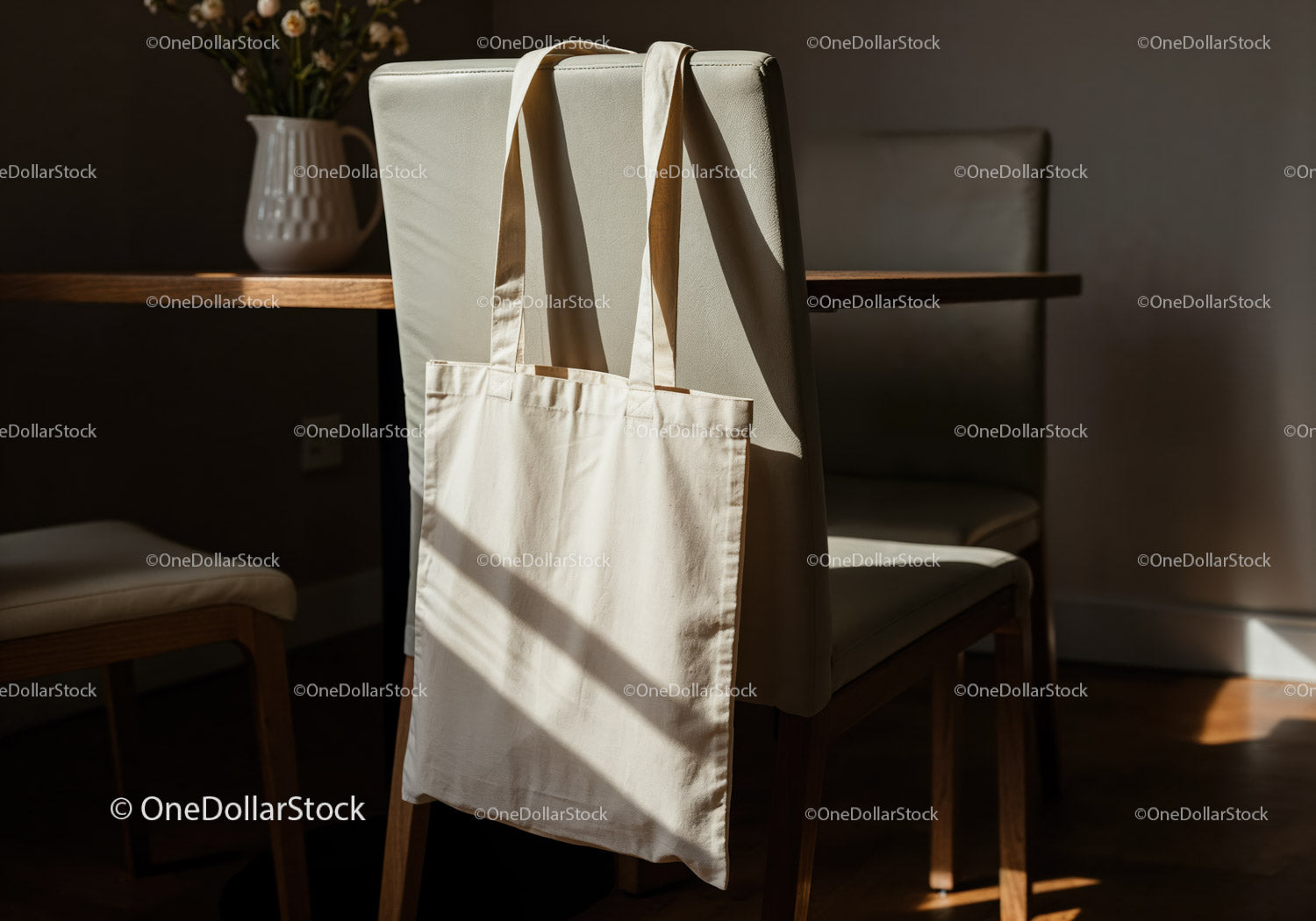 Canvas tote bag hanging on cozy dining chair