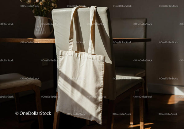 Canvas tote bag hanging on cozy dining chair JPG Mockup Image