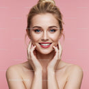 Bright Beautiful Woman with Blue Eyes and Blonde Hair on Pink Background