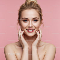 Bright Beautiful Woman with Blue Eyes and Blonde Hair on Pink Background