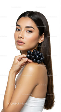 Elegant Woman with Brown Hair Holding Black Grapes for Beauty