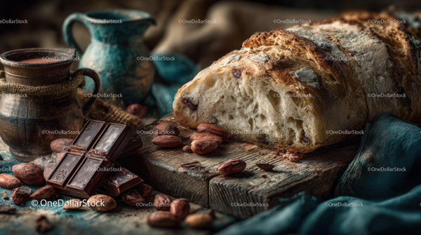 Rustic Sourdough Bread with Raisins and Dark Chocolate on Wooden Board