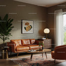 Cozy midcentury living room with leather sofa and decor
