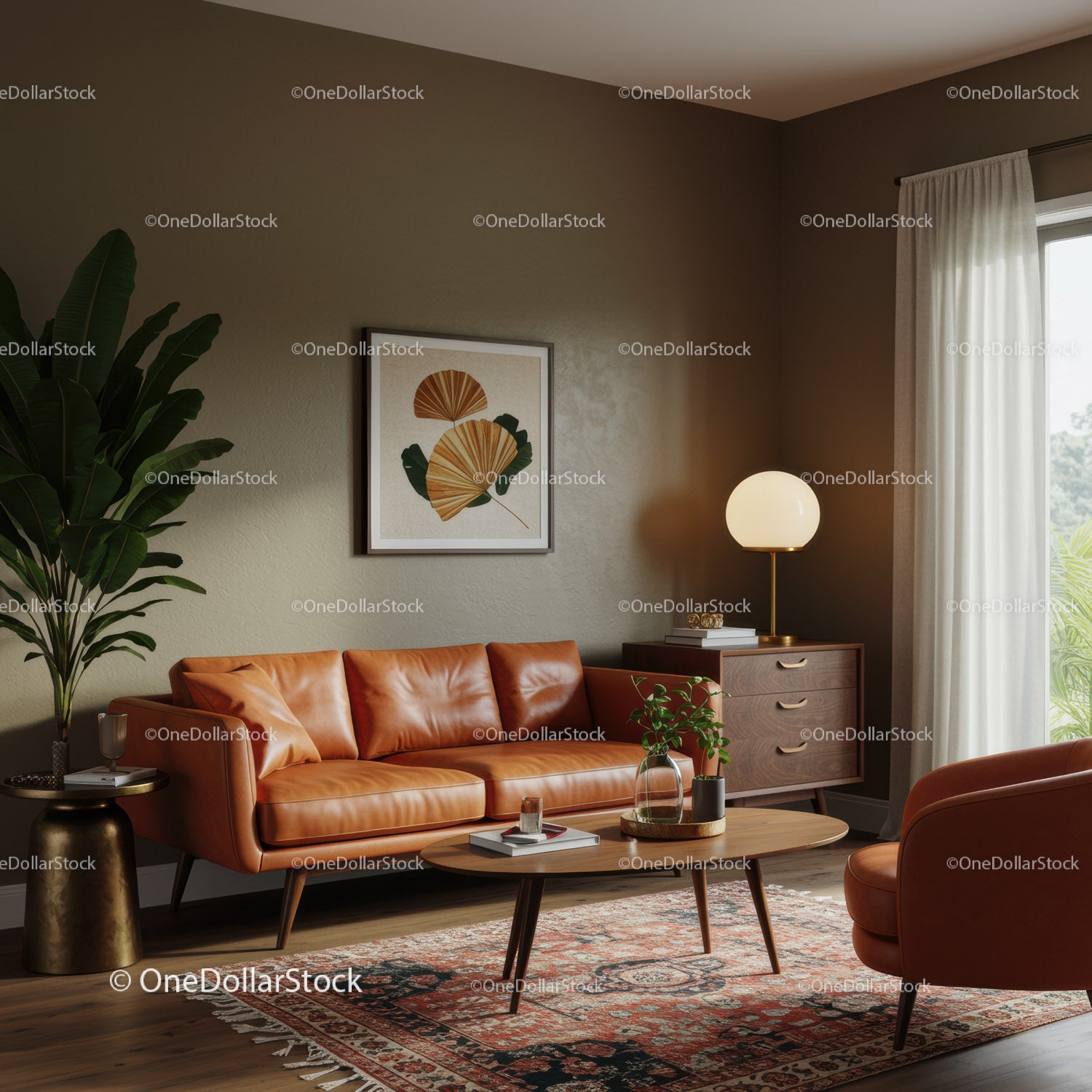 Cozy midcentury living room with leather sofa and decor