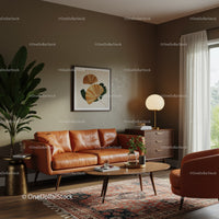 Cozy midcentury living room with leather sofa and decor