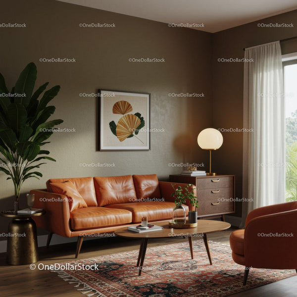 Cozy midcentury living room with leather sofa and decor