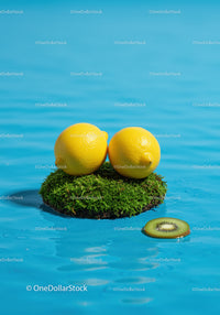 Fresh lemons on moss island surrounded by water