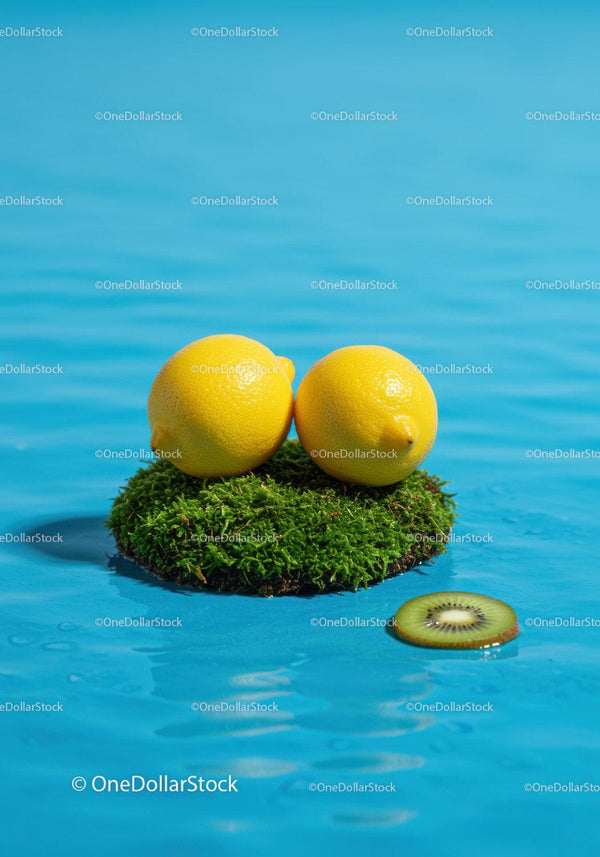 Fresh lemons on moss island surrounded by water