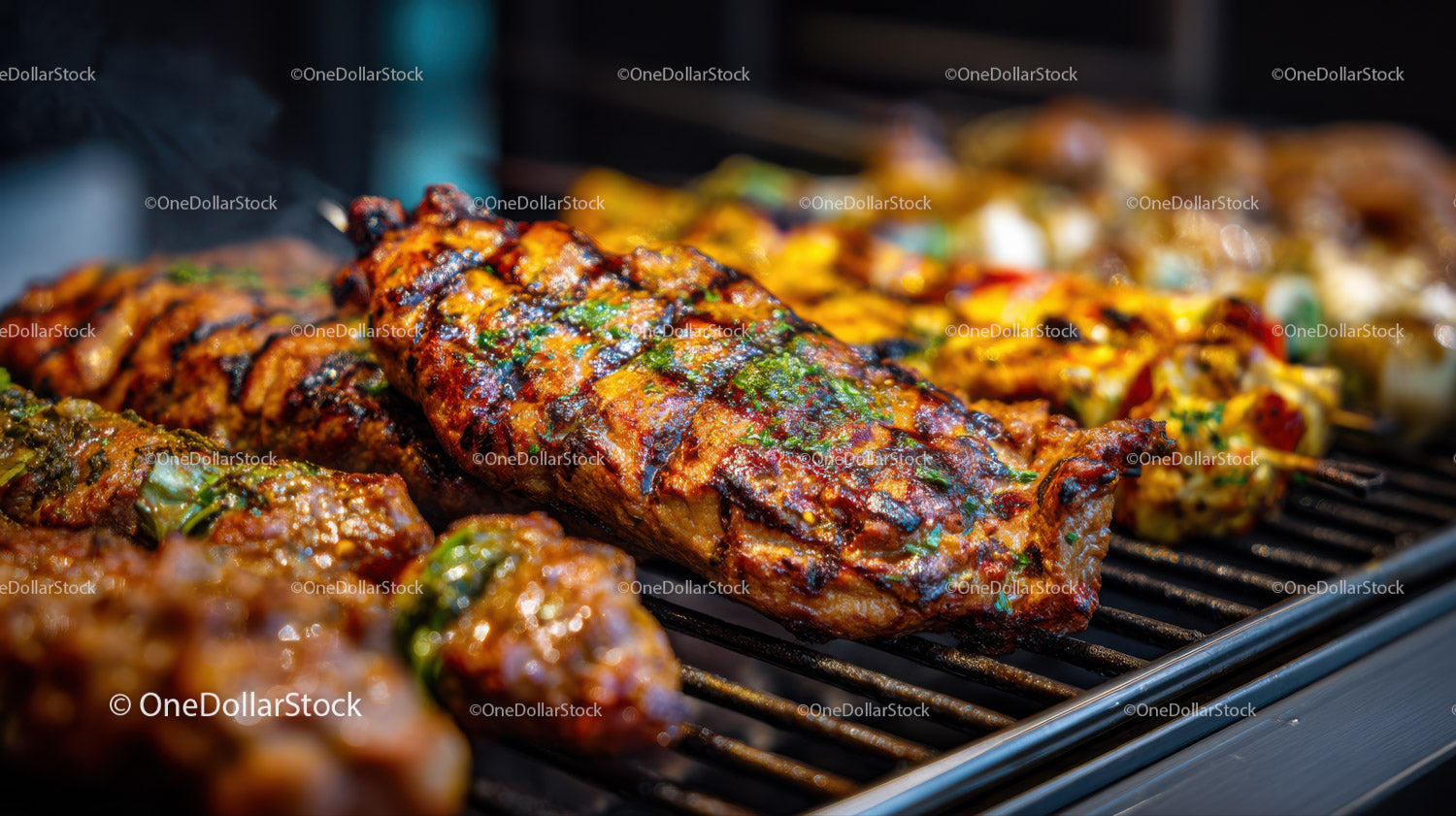Savory Grilled Ribs and Skewers Barbecue on Fire
