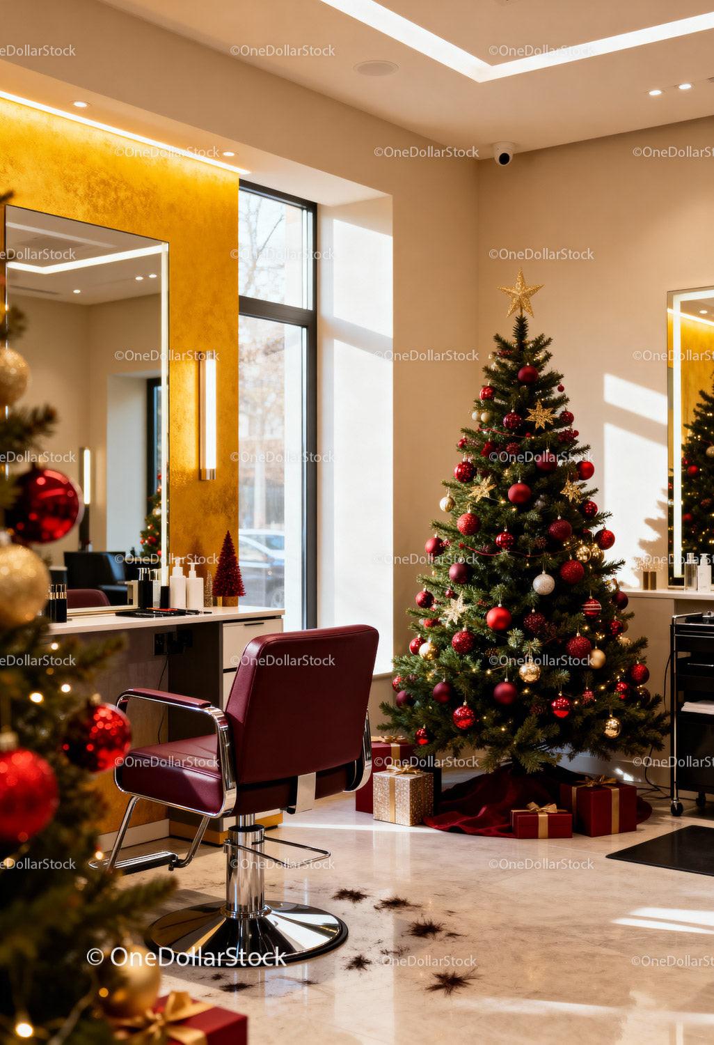 Modern Salon Interior with Festive Christmas Tree