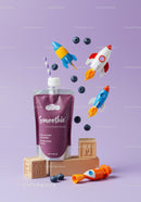 Blueberry smoothie pouch with playful rocket toys