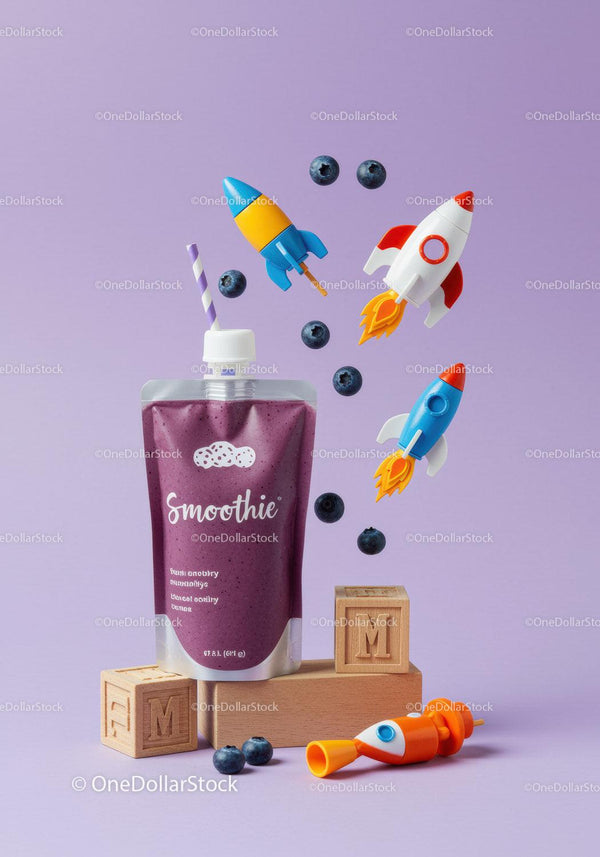 Blueberry smoothie pouch with playful rocket toys