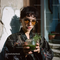Stylish Woman with Short Dark Hair and Sunglasses Holding Green Plant