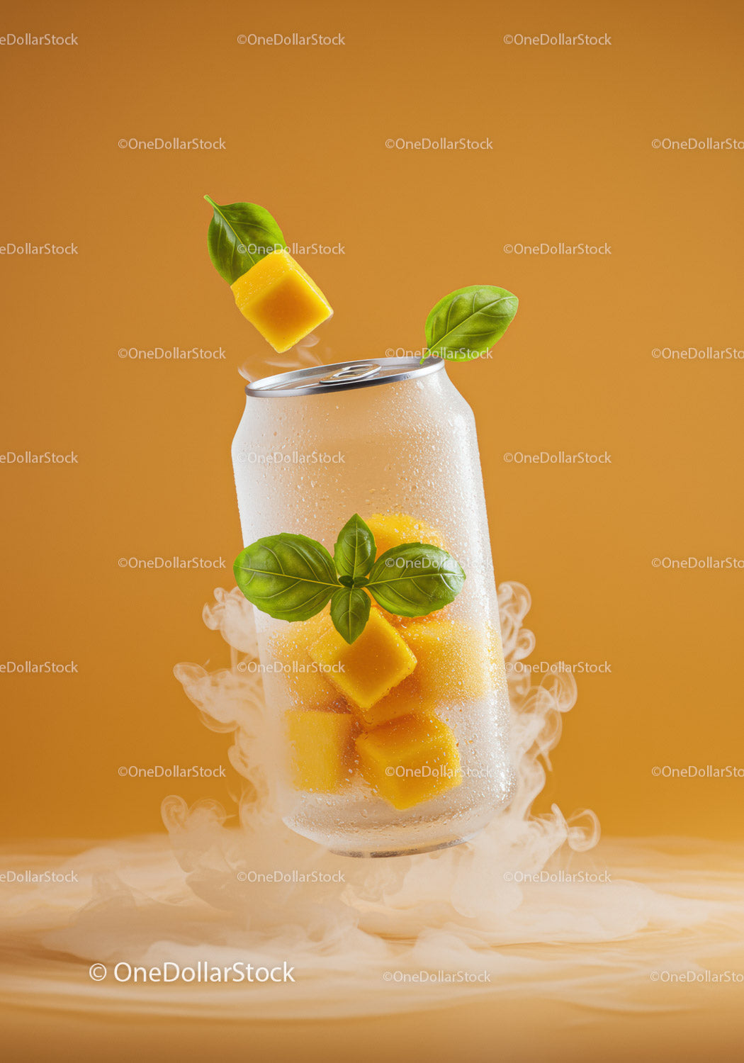Refreshing Cold Drink with Mango and Basil Leaves