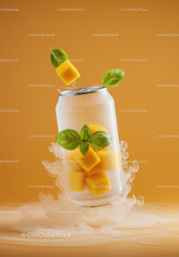 Refreshing Cold Drink with Mango and Basil Leaves