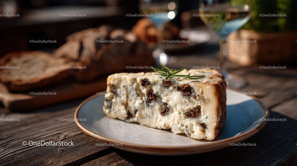Rustic Cheese Slice with Dried Fruit on Wooden Table