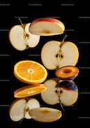 Fresh sliced apples orange and plum with reflection