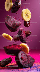 Vibrant Fruit Splash with Banana and Cherries in Dynamic Motion