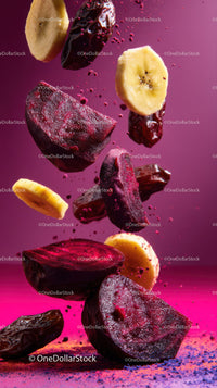 Vibrant Fruit Splash with Banana and Cherries in Dynamic Motion